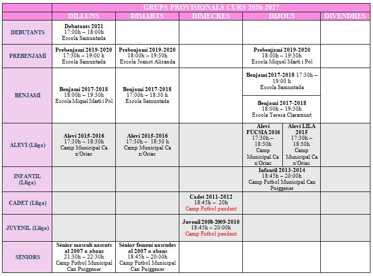 Quadre dels equips de l&rsquo;Escola de Futbol Caserna per al curs 2026-2027